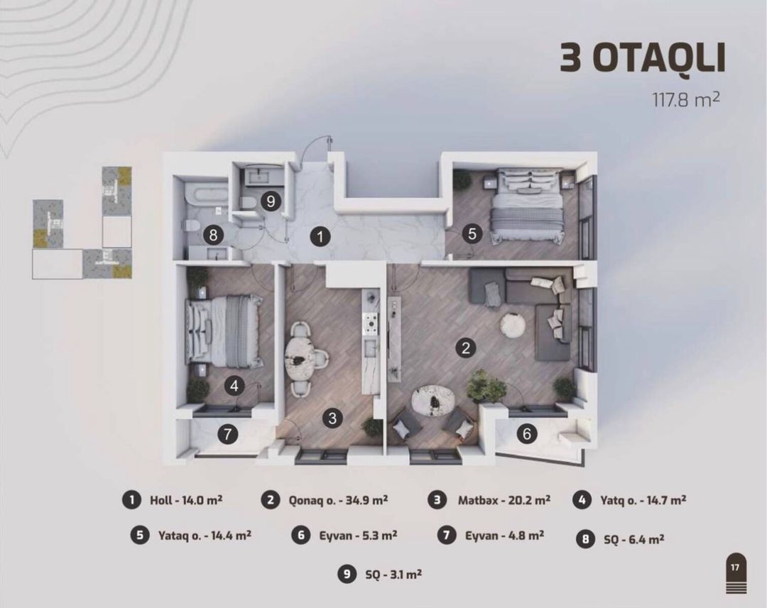 Satılır 3 otaqlı yeni tikili 117 m² — Mənzil, Bakı (8)