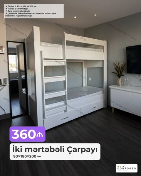 İki mərtəbəli çarpayı – 90×180×200 sm Xüsusiyyətlər: - Ölçülər — Konforto Mebel — Bolalar uchun hammasi