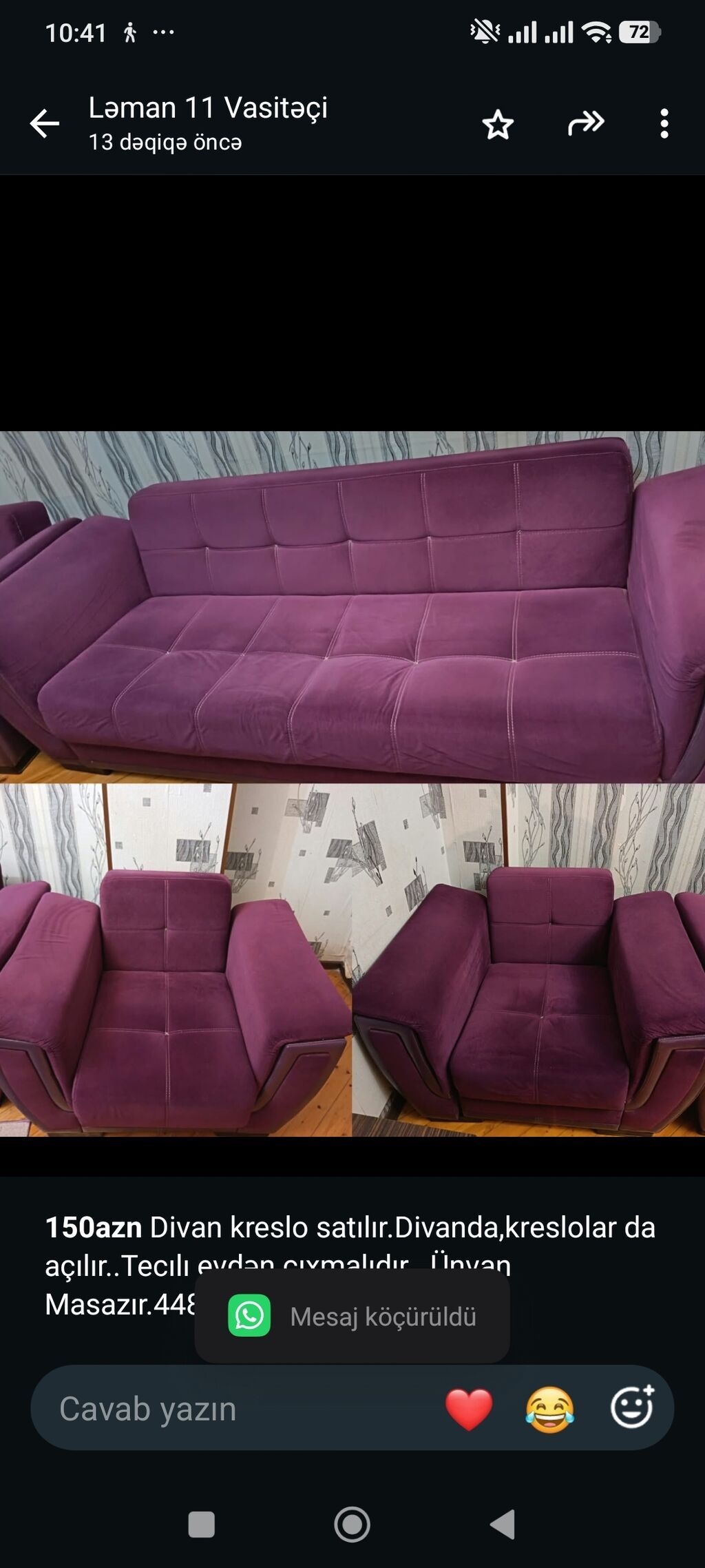 *150azn* Divan kreslo satılır.Divanda,kreslolar da açılır. Tecılı — Yumşaq mobilya dəstləri, Bakı