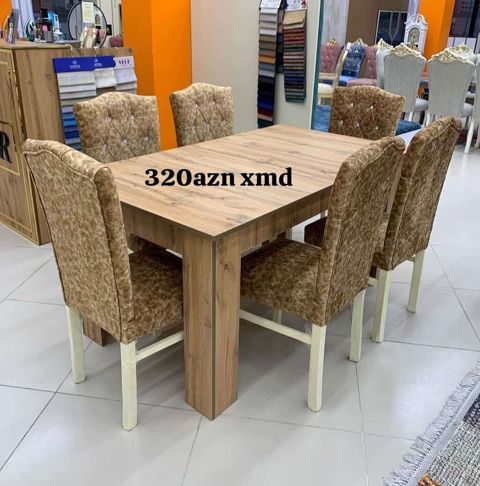 Yemək otağı dəsti – 6 stul + masa - Masa: təbii ağac naxışlı — Bakı