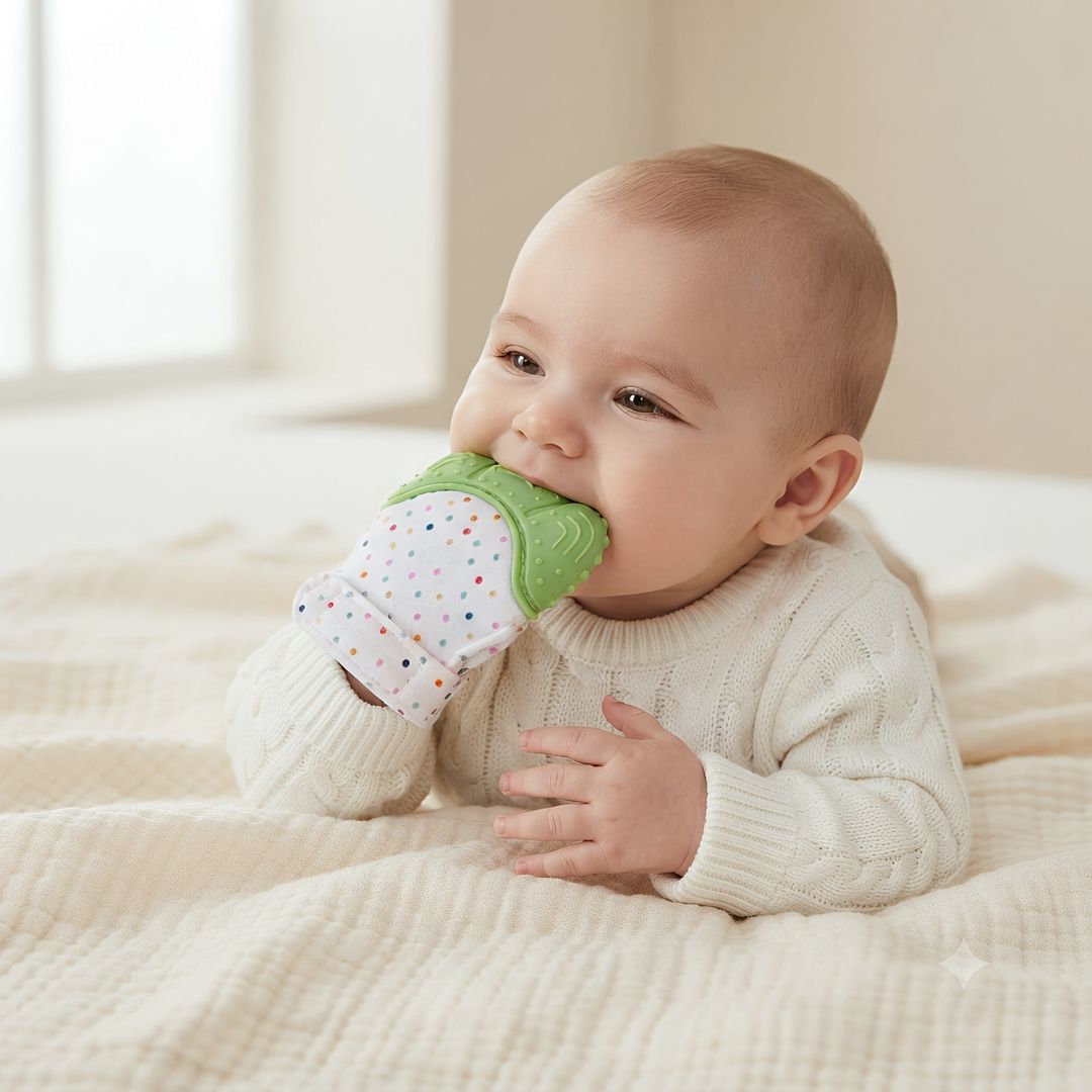 Diş çıxaran əlcək YouYouBaby, 3 ay, Parça-Slikon, yaşıl, ağ — Mallar, Bakı (2)