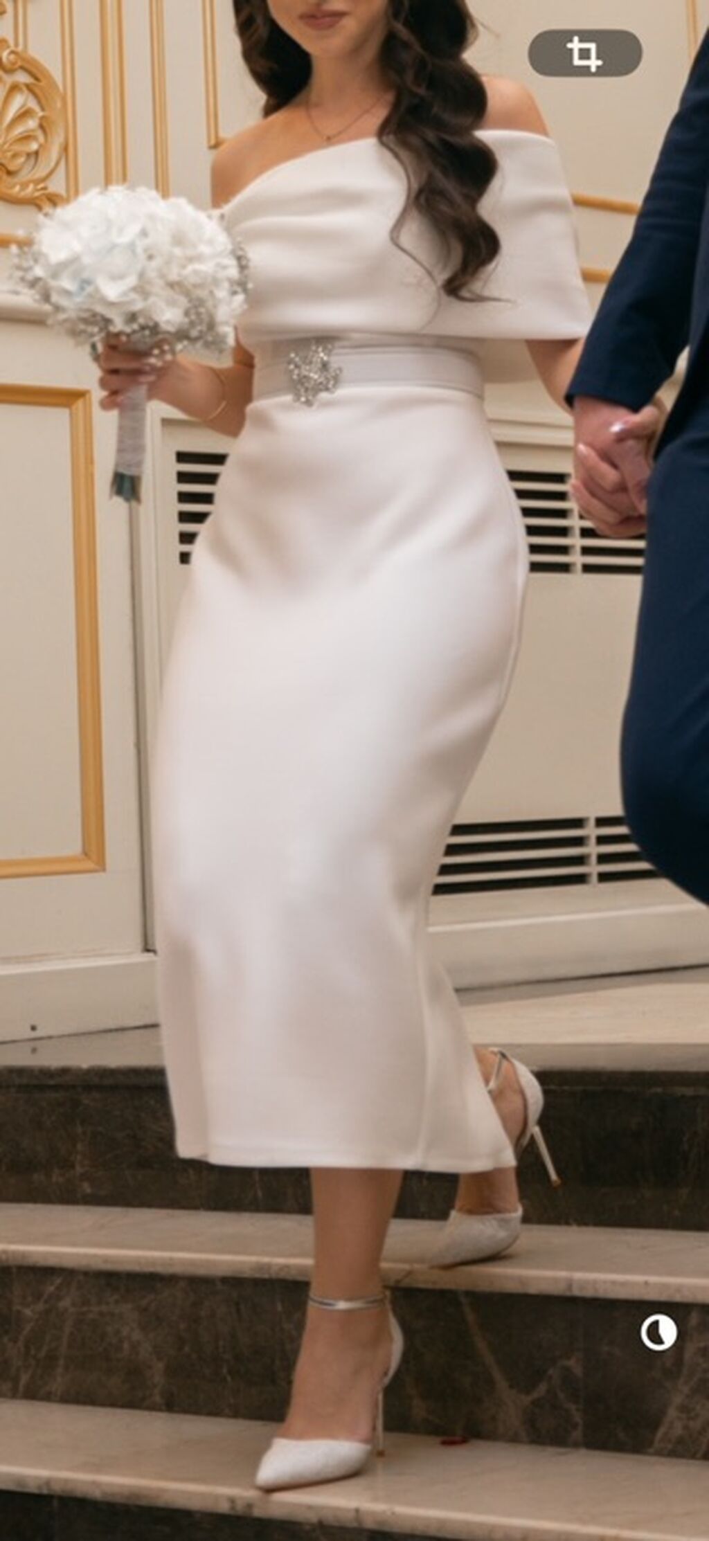Ağ rəngli zərif midi don - Model: off-shoulder (açıq çiyinli), yuxarı — Axşam paltarları, Masazır (2)