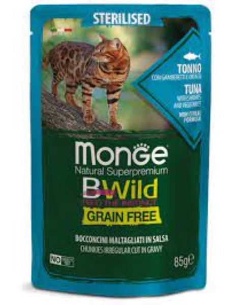 Nəm yem Monge Cat BWild Grain Free Tuna, qısırlaşdırılmış pişiklər üçün tuna, krevetka və tərəvəzlər ilə, 85 q — Bakı