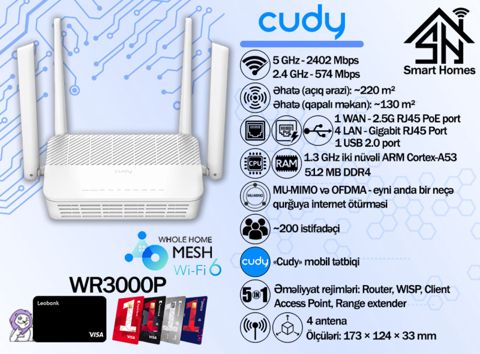 Router Cudy AX3000 2.5G Mesh Wi-Fi 6 PoE WR3000P — Bakı
