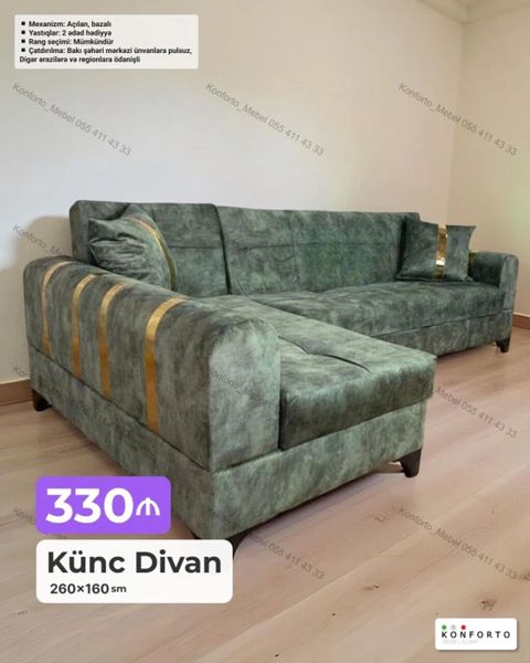 Künc divan – 260×160 sm - Açılan, bazalı mexanizm: gündəlik oturma və — Bakı