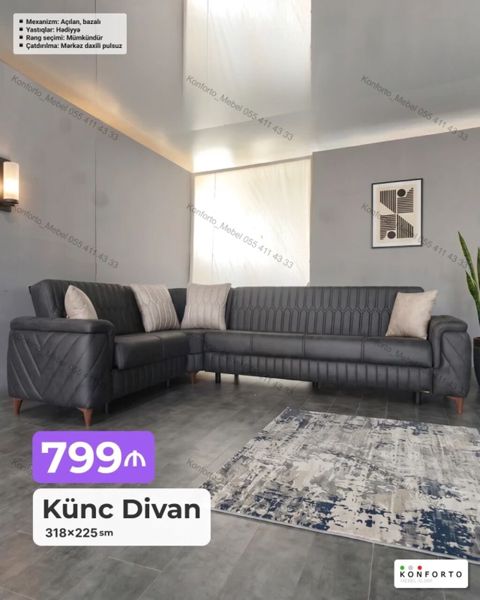 Künc Divan – 318×225 sm - Mexanizm: Açılan, bazalı (yataq funksiyası — Bakı