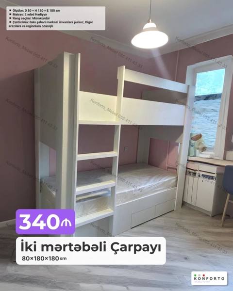İki mərtəbəli çarpayı – 80×180×180 sm Xüsusiyyətlər: - Ölçülər: D 80 — Konforto Mebel — Bolalar uchun hammasi