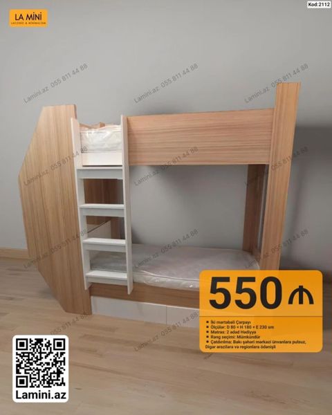 İki mərtəbəli çarpayı - Ölçülər: D 80 x H 180 x E 230 sm - Matras: 2 — Bakı