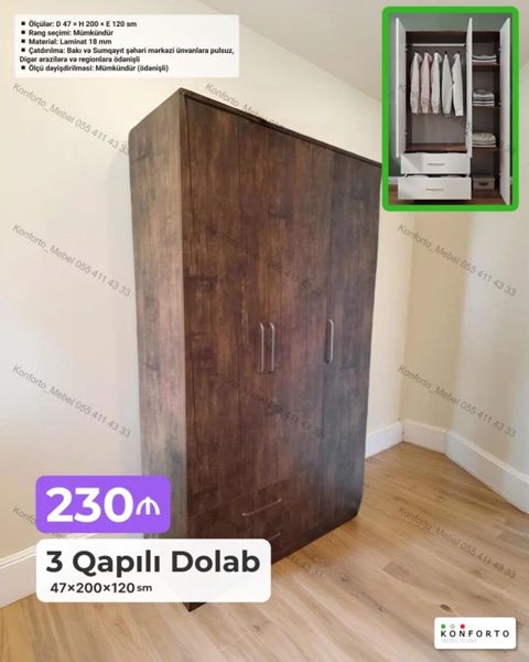 3 qapılı paltar dolabı - Ölçülər: 47 200 120 sm - Material: 18 — Bakı
