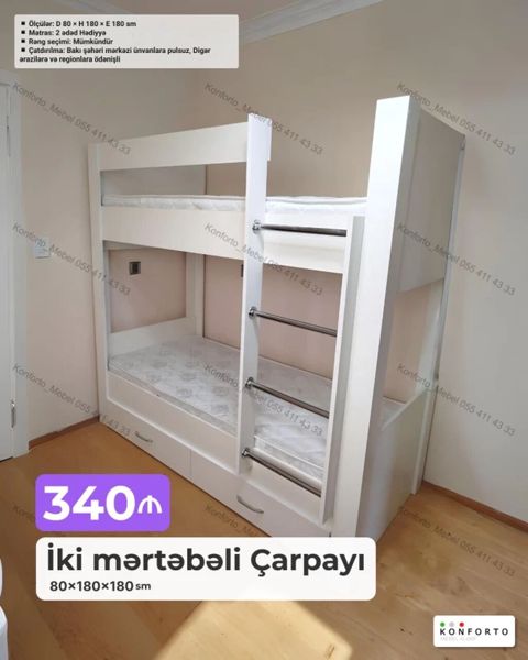 İki mərtəbəli çarpayı – 80×180×180 sm Xüsusiyyətlər: - Ölçülər: D 80 — Bakı