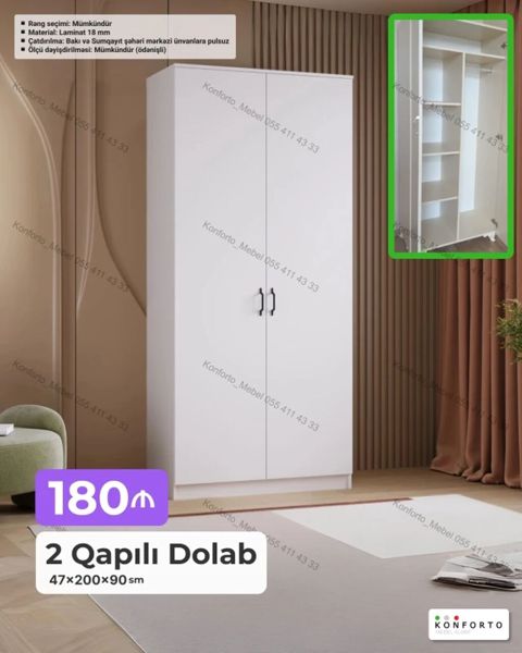 2 qapılı şkaf – 47×200×90 sm - Material: 18 mm laminat - Rəng seçimi — Bakı