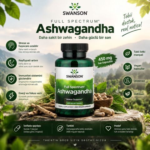 Swanson Full Spectrum Ashwagandha – Stress Support - Hər kapsulda 450 — Bakı