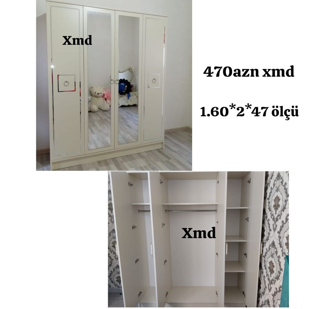 Üç qapılı geyim dolabı - Rəng: açıq krem - Ön hissə: iki güzgülü orta — Şkaflar, Bakı