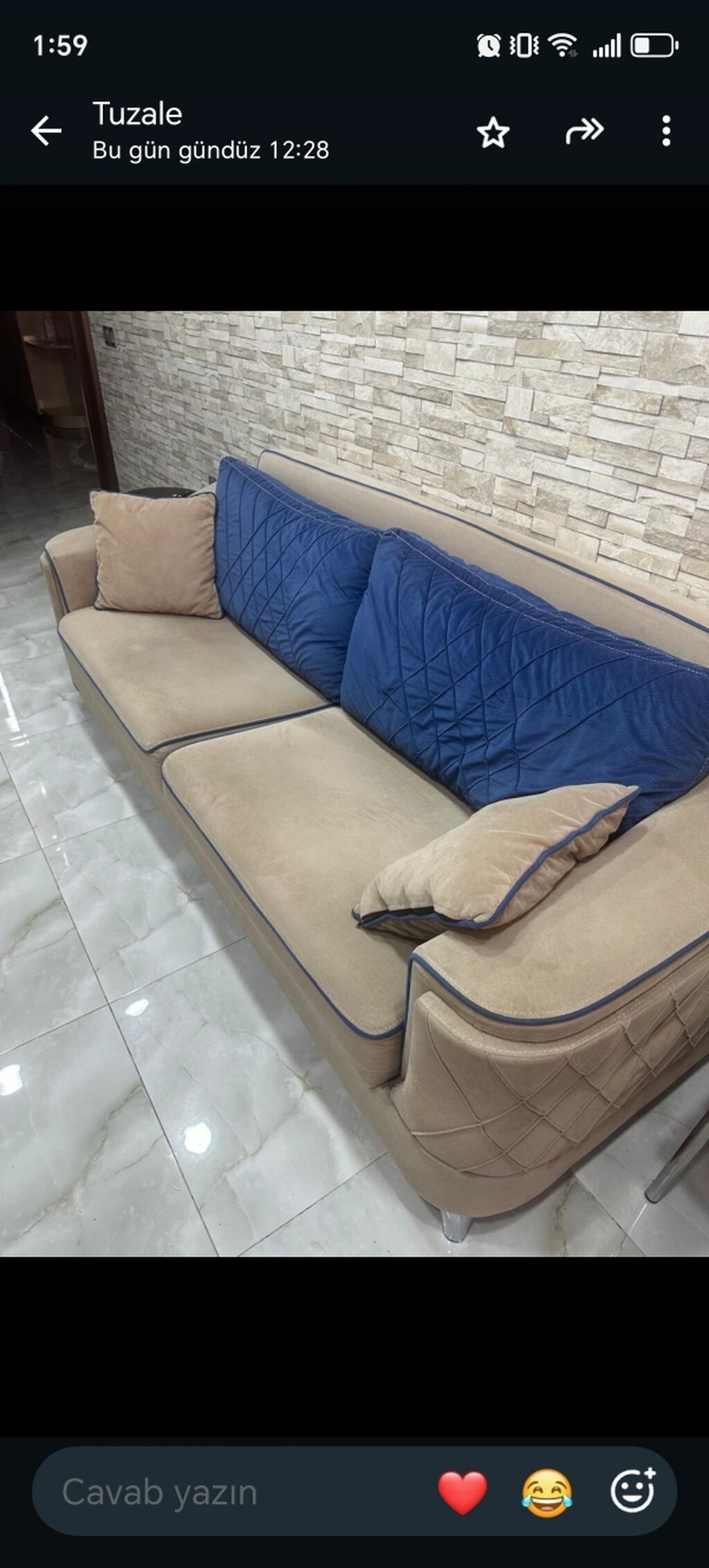 Bej rəngli, 3 nəfərlik yumşaq divan. - Material: məxməri toxumalı — Divanlər, Masazır