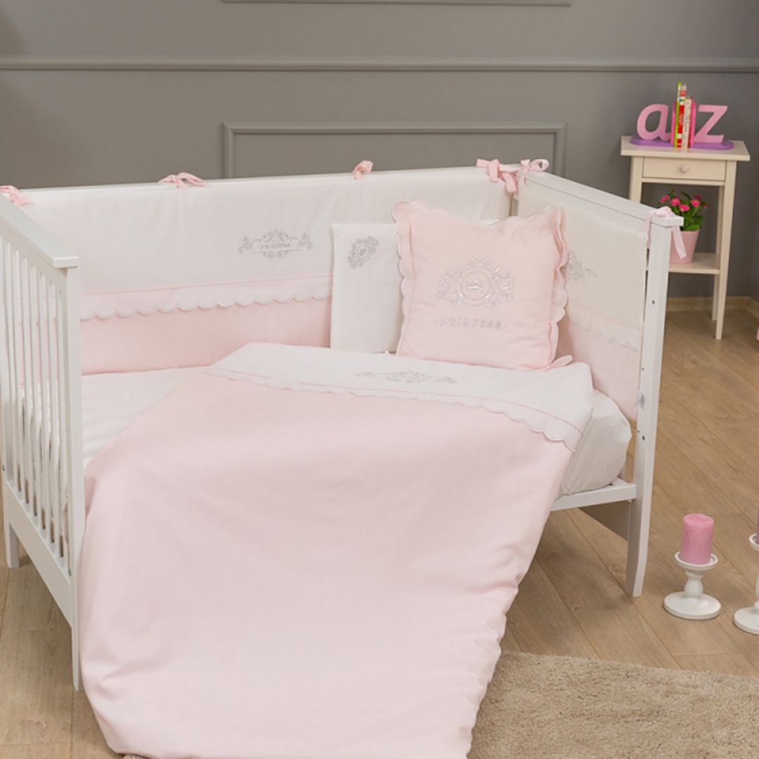 Uşaq yataq dəsti Funna baby Princess, 8 hissə, yorğan üzü 100x130 sm, iç yorğan, baş üçün qoruma 40x60 sm, yan qoruma 40x120 см - 2 əd, mələfə, yastıq üzü 35x45 sm, dekorativ yastıq, pambıq, çəhrayı — Mallar, Bakı
