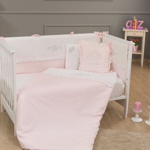 Uşaq yataq dəsti Funna baby Princess, 8 hissə, yorğan üzü 100x130 sm, iç yorğan, baş üçün qoruma 40x60 sm, yan qoruma 40x120 см - 2 əd, mələfə, yastıq üzü 35x45 sm, dekorativ yastıq, pambıq, çəhrayı — Bakı