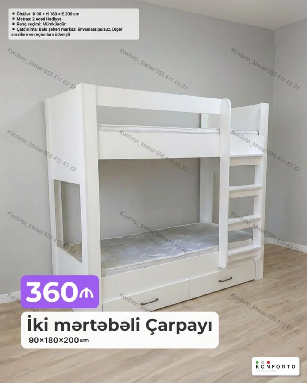 İki mərtəbəli çarpayı – 90×180×200 sm Xüsusiyyətlər: - Ölçülər: D 90 — Yataqlar, Bakı