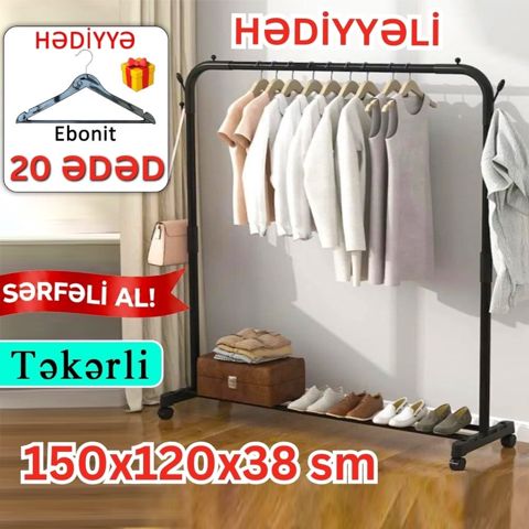 Paltarasan FenExHome reyl, təkərli, dəmir, qara, 150x120x38 sm + Ebonit asılqan dəsti 20 ədəd, qara — Bakı