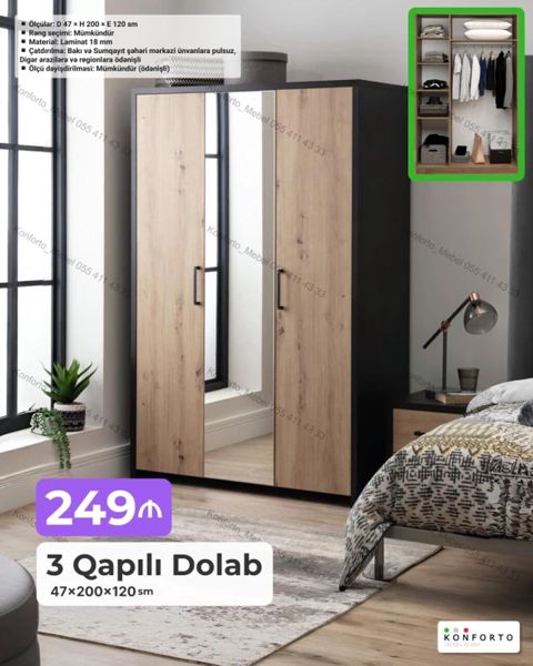 3 qapılı geyim dolabı – 47×200×120 sm - Material: 18 mm laminat — Bakı