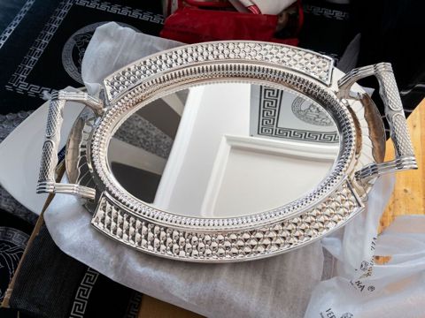 Oval formal servis sini – güzgü səthli, metal çərçivə və iki yan — Bakı