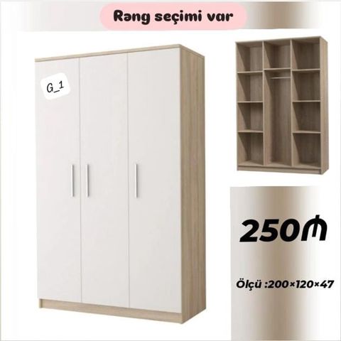 Üç qapılı geyim dolabı – model G_1 - Ölçü: 200 120 47 sm - Daxili — Bakı