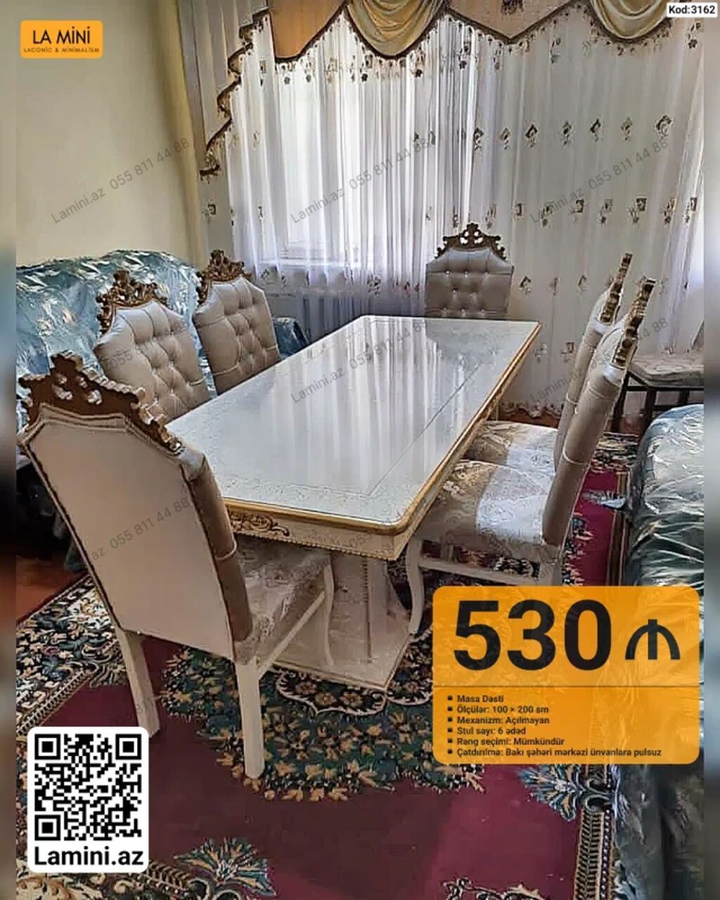 Mebel dəsti – klassik üslublu masa və 6 ədəd stul - Masa ölçüləri — Masalar və stullar, Bakı