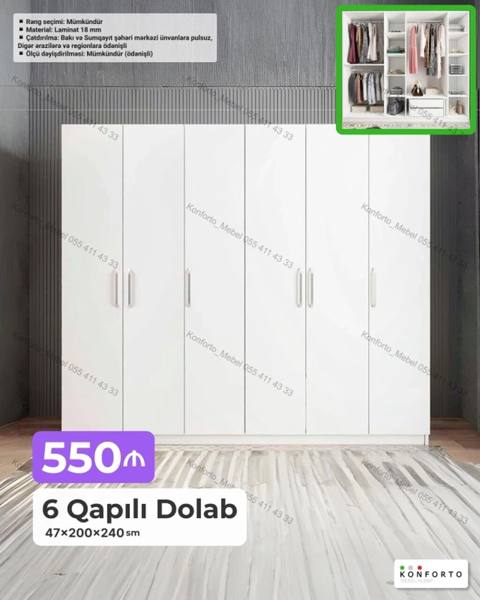 6 qapılı geyim dolabı - Ölçü: 47 200 240 sm - Material: 18 mm — Bakı