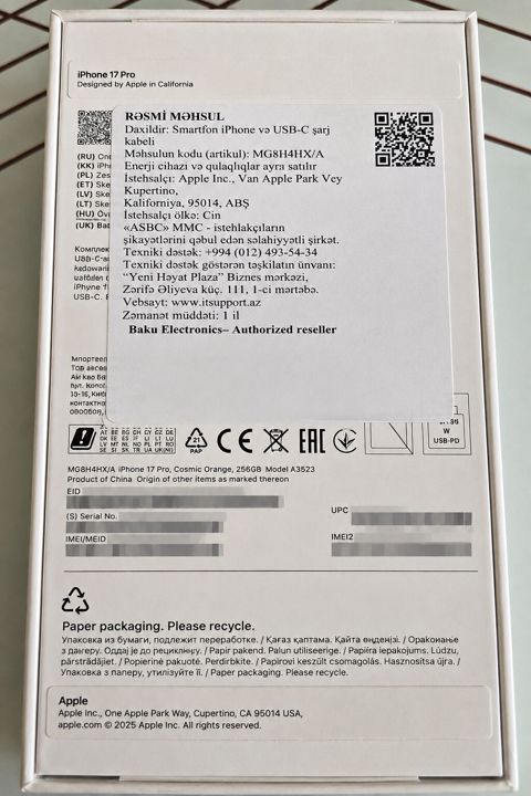 IPhone 17 Pro, 256 GB, Narıncı, Zəmanət — Bakı