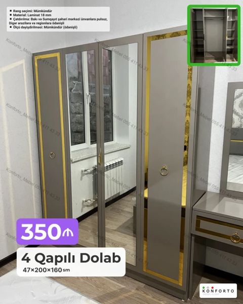 4 qapılı şkaf – 47×200×160 sm - Material: 18 mm laminat - Dizayn — Bakı