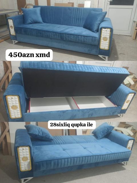 Mavi rəngli çevrilə bilən divan-çarpayı - Qiymət: 450 AZN - 28 sm-lik — Divanlar