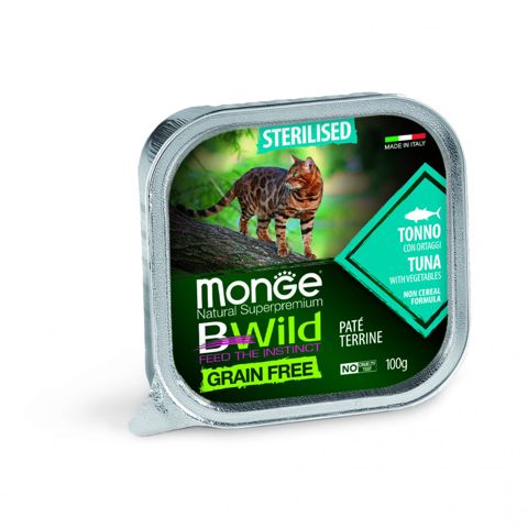 Nəm yem Monge Bwild Grain Free pişiklər üçün sterilizasiya olunmuşlar üçün ton balıqı və tərəvəzlərlə 100 q - 8009470012898 — Bakı