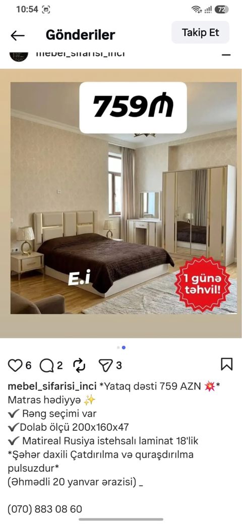 Yataq dəsti – 759 AZN Tərkib: - Çarpayı - İki tumbочка - Paltar — Bakı