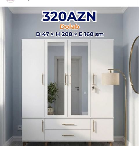 Yeni, 4 qapılı, Güzgülü, Ağ, Açılan, Düz dolab — Bakı