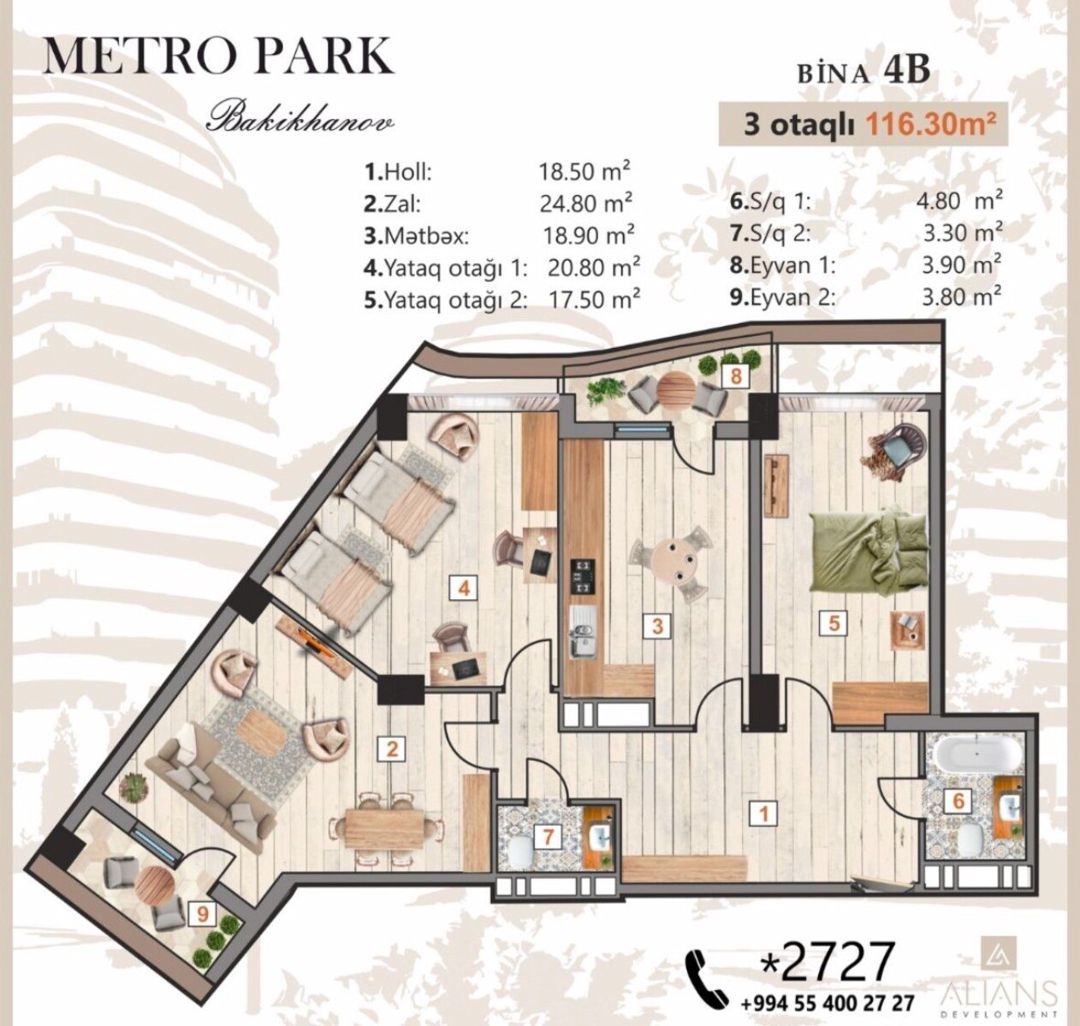 Satılır 3 otaqlı yeni tikili 116.3 m² — Mənzil, Bakı (2)