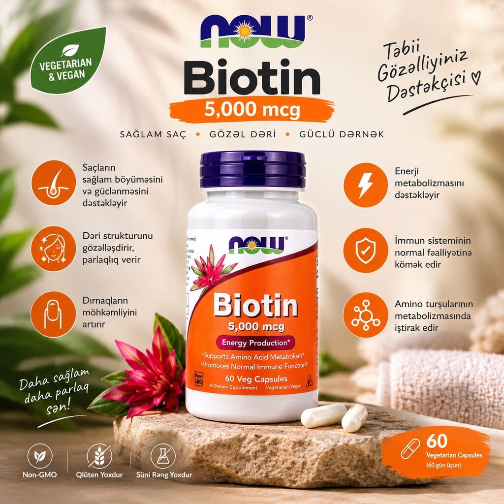 NOW Biotin 5,000 mcg – Vegetarian & Vegan Məhsul: Biotin qida — Vitaminlər və qida əlavələri, Bakı
