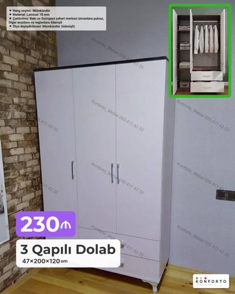 3 qapılı paltar dolabı - Ölçülər: 47 200 120 sm - Material: 18 mm — Bakı