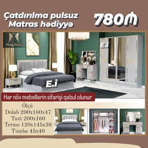 Yataq otağı mebel dəsti – 780₼ Komplekt: - Taxt 200×160 (matras — Sumqayıt