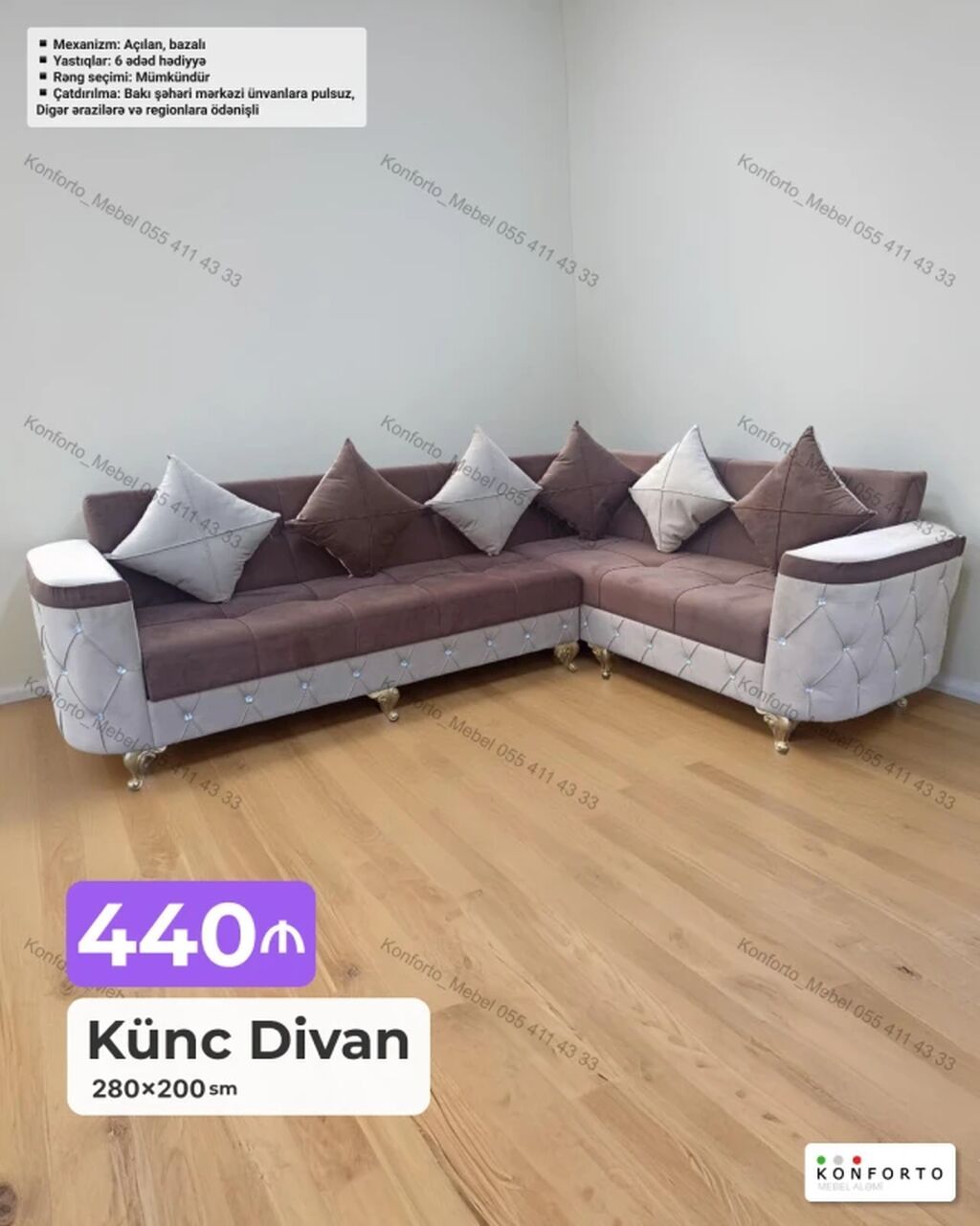 Künc divan – 280×200 sm - Açılan mexanizm, bazalı - 6 ədəd yastıq — Divanlər, Bakı
