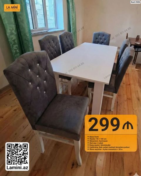 Masa Dəsti – Kod: 3506 - Dəst: 1 masa + 6 stul - Masa ölçüləri: 90 — Bakı