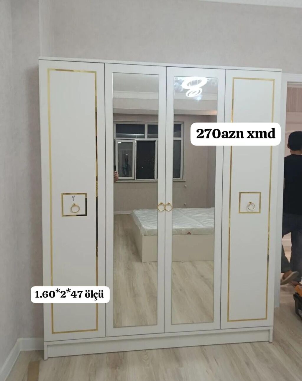 Ağ rəngli 4 qapılı qarderob - Ön hissədə 2 böyük güzgülü orta qapı — Şkaflar, Bakı