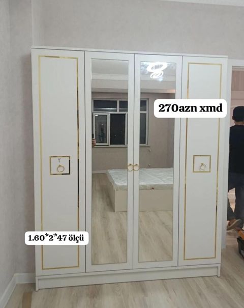 Ağ rəngli 4 qapılı qarderob - Ön hissədə 2 böyük güzgülü orta qapı — Bakı