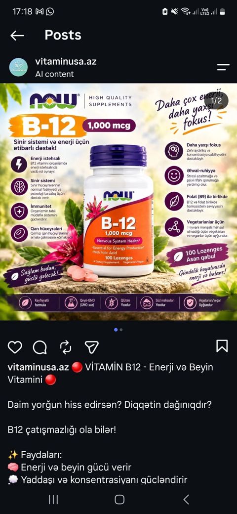 NOW B-12 1000 mcg – sinir sistemi və enerji istehsalı üçün dəstək — Bakı