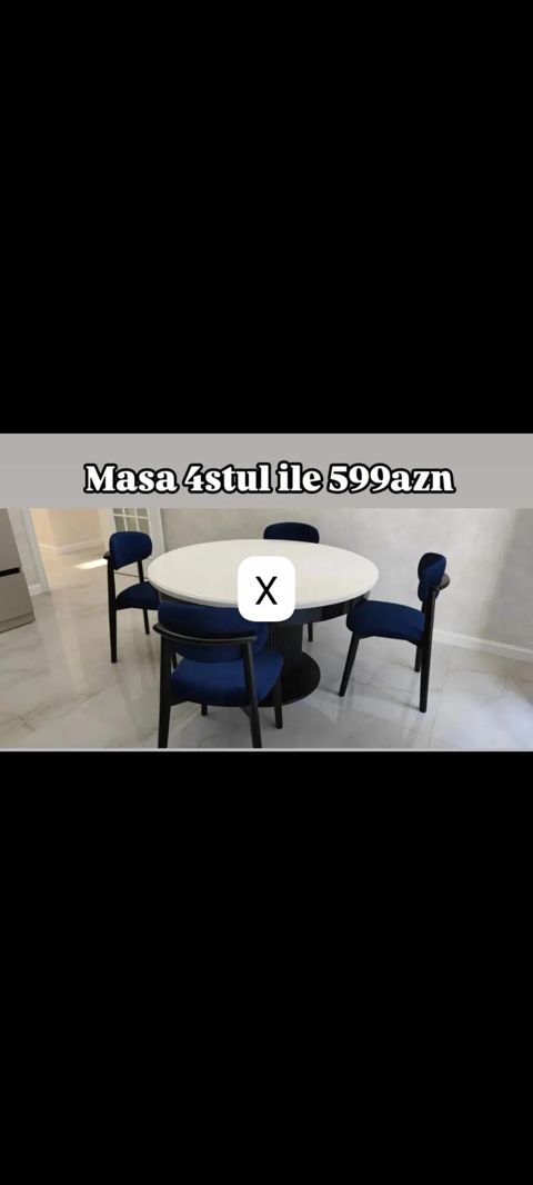 Dəyirmi yemək masası dəsti – 4 stulla birlikdə. - Masa: ağ rəngli — Bakı