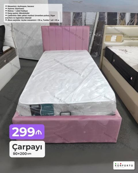 Tək nəfərlik çarpayı – 90×200 sm Rəng: seçimi mümkündür — Bakı