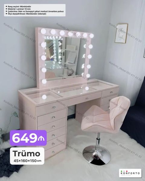 Trümo dəsti – 45×160×150 sm Xüsusiyyətlər: - Geniş güzgü ətrafında — Bakı