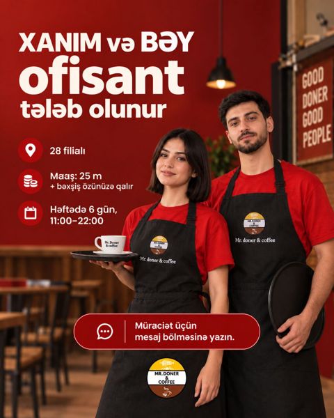 Ofisiant tələb olunur, Fast food, Gündəlik ödəniş, 3-5 illik təcrübə — Bakı