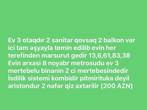 3 otaqlı mənzil kirayə. 2 sanitar qovşaq, 2 balkon. Mənzil tam — Beyləqan