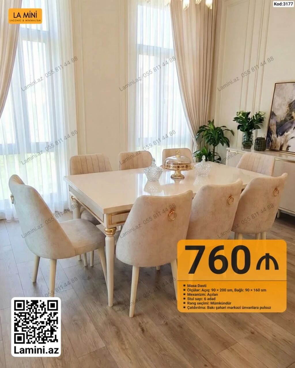 Masa dəsti – elegant yemək otağı üçün - Model: Kod 3177 - Tərkib — Masalar və stullar, Bakı