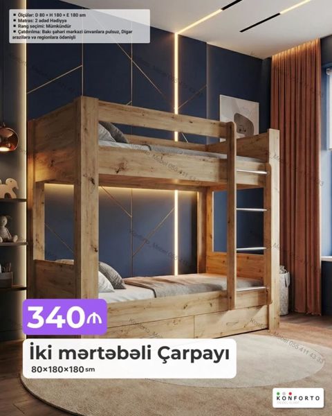 İki mərtəbəli çarpayı – 80×180×180 sm Xüsusiyyətlər: - Ölçülər — Bakı