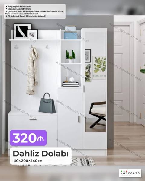 Dəhliz Dolabı – 40×200×140 sm Ağ rəngli, funksional dəhliz sistemi — Konforto Mebel — Кіреберіске